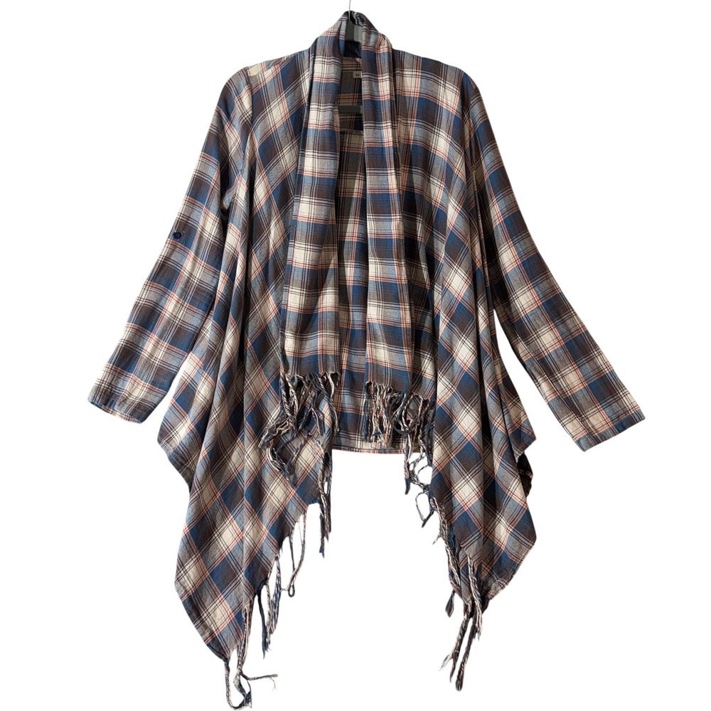 En Creme Medium Plaid Fringe Cardigan Waterfall Kimono Blue Cream Boho Western